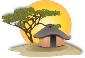 Eine Illustration zeigt eine traditionelle afrikanische Hütte mit Strohdach vor einem sonnenaufgangsfarbigen Himmel