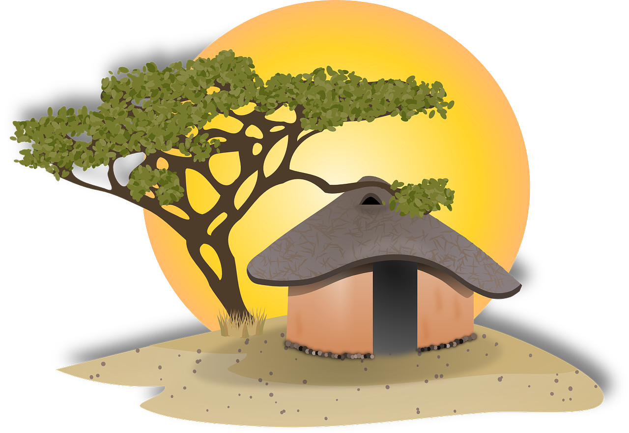 Eine Illustration zeigt eine traditionelle afrikanische Hütte mit Strohdach vor einem sonnenaufgangsfarbigen Himmel