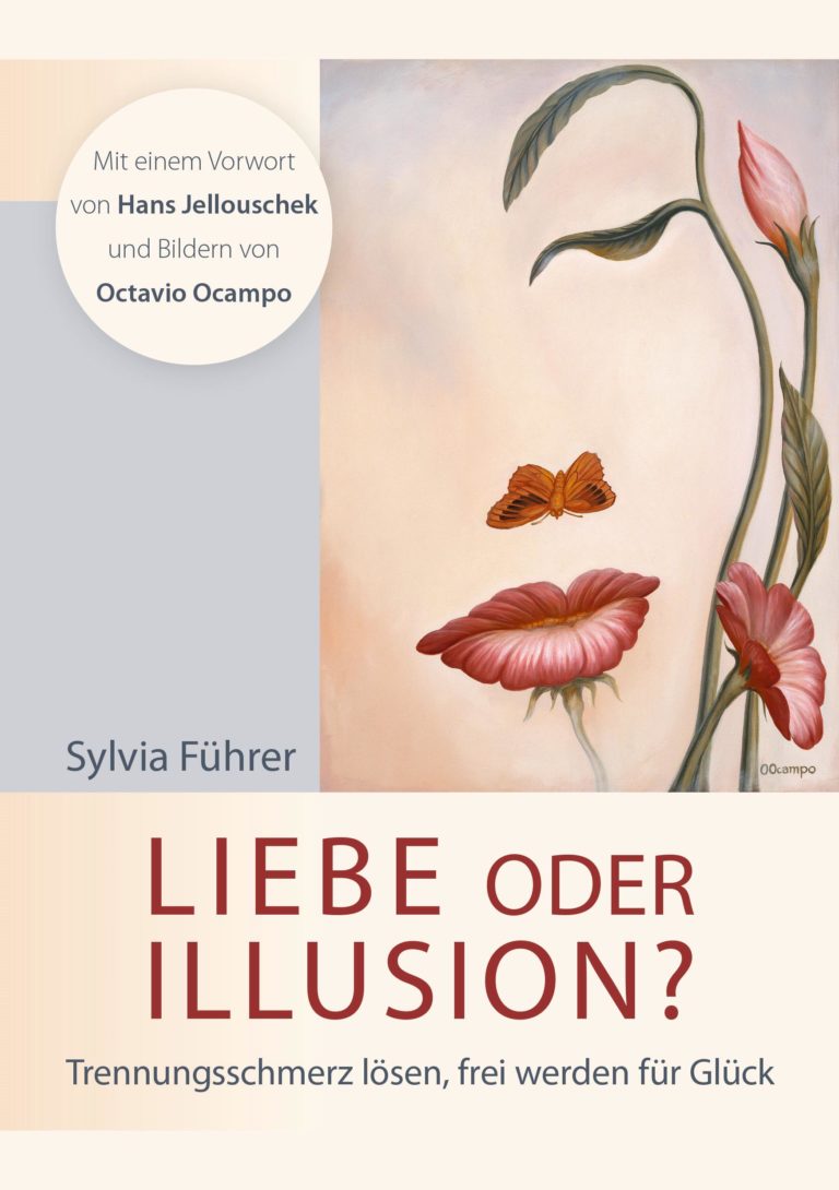 Das Buchcover zeigt ein Bild eines Paares, das sich auf einem Strand voneinander entfernt. Der Text "Liebe ist Illusion" ist prominent in fetten, schwarzen Buchstaben geschrieben, während der Name der Autorin, Sylvia Führer, darunter in kleineren Buchstaben geschrieben ist. Der Hintergrund ist eine Mischung aus blauen und orangen Farben, was den Eindruck eines Sonnenuntergangs oder Sonnenaufgangs vermittelt.