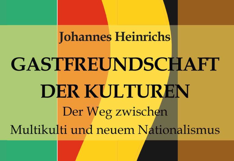 Ein Ausschnitt des Covers des Buches "Gastfreundschaft der Kulturen - der Weg zum Multikulti und neuem Nationalismus". Man sieht den Titel und einige Illustrationen auf einem buntem Hintergrund.