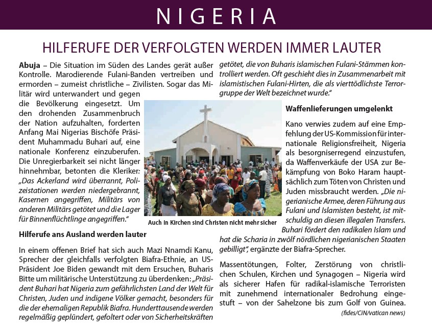 Zeitungsartikel über Nigeria mit dem Titel "Hilferufe der Verfolgten werden immer lauter". Der Artikel beschreibt die wachsende Not und Verfolgung in Nigeria und ruft zu Spenden auf. Das Bild zeigt die Vorderseite der Zeitung mit dem Artikel in der Mitte und anderen Schlagzeilen und Bildern im Hintergrund.