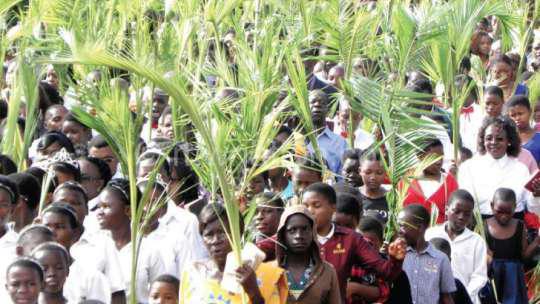 This photo shows a group of African people marching through the streets of Nigeria with palm fronds. They hold the palm fronds up high and smile happily. The image is a close-up of the crowd of people celebrating Easter together. The palm fronds are a symbol of Jesus' entry into Jerusalem and are traditionally blessed and distributed on Palm Sunday.