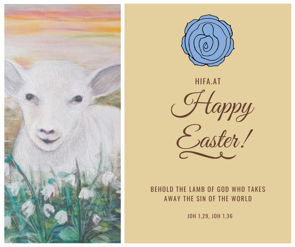 The picture shows a beautiful painting of the Easter Lamb, which represents redemption and hope, painted by Rev. Fr. Raymond Idiong. In the foreground, on a brown background, "Happy Easter" is written in a playful font, and below it is the quote from the Bible "Behold, the Lamb of God, who takes away the sin of the world" (John 1:29, John 1:36).